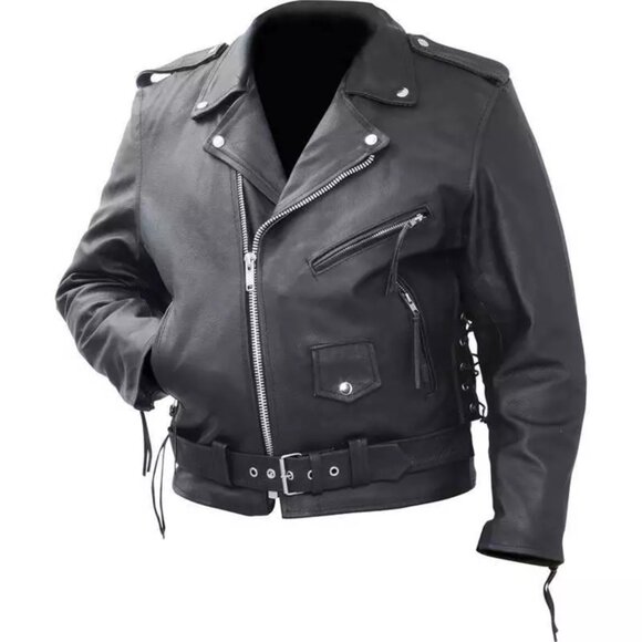 Mens Solid Buffalo Black Leather Classic Motorcycle Size 60 Jacket w/Side Lacing - Picture 1 of 9